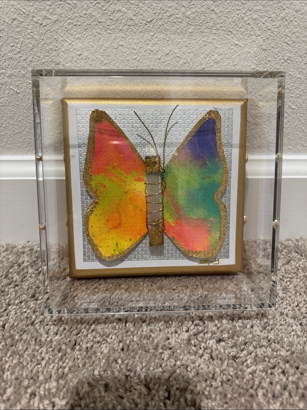 Colorful Gold-Accented Butterfly Art in Acrylic Frame
